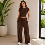 Brown fitted top and wide-leg pants set for women