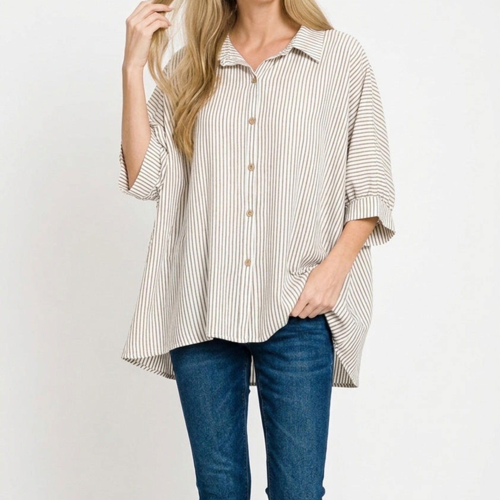Detailed close-up of the soft woven rayon blend and realistic brown stripe pattern.