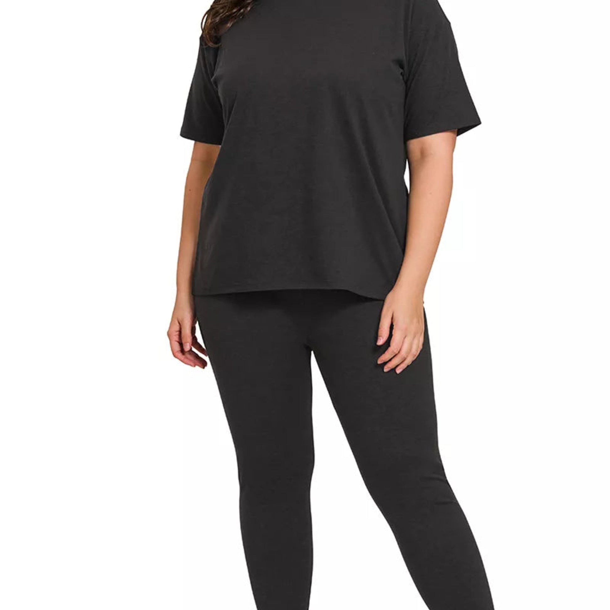 Detailed view of the soft brushed DTY microfiber texture and plus-size fit of the black set.