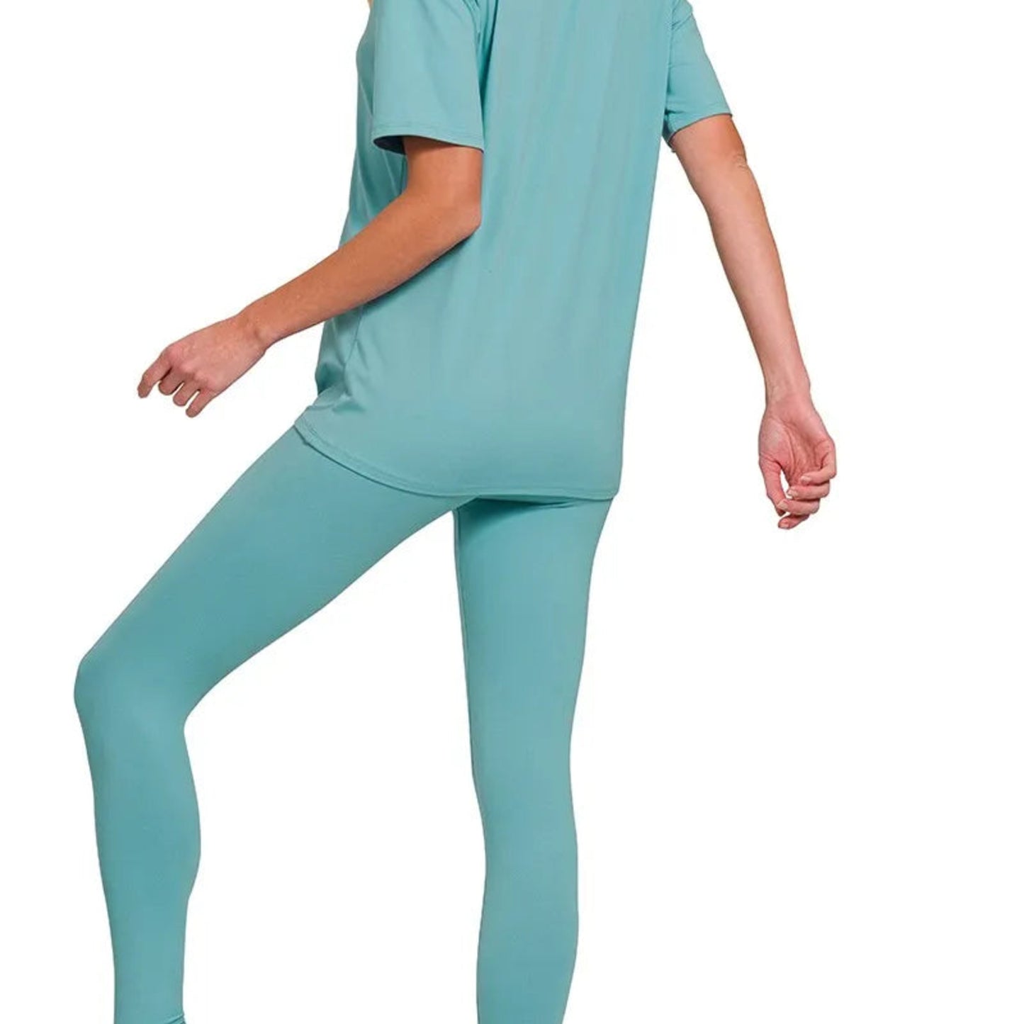 Detailed view of the soft brushed DTY microfiber texture and fit of the Dusty Teal set.
