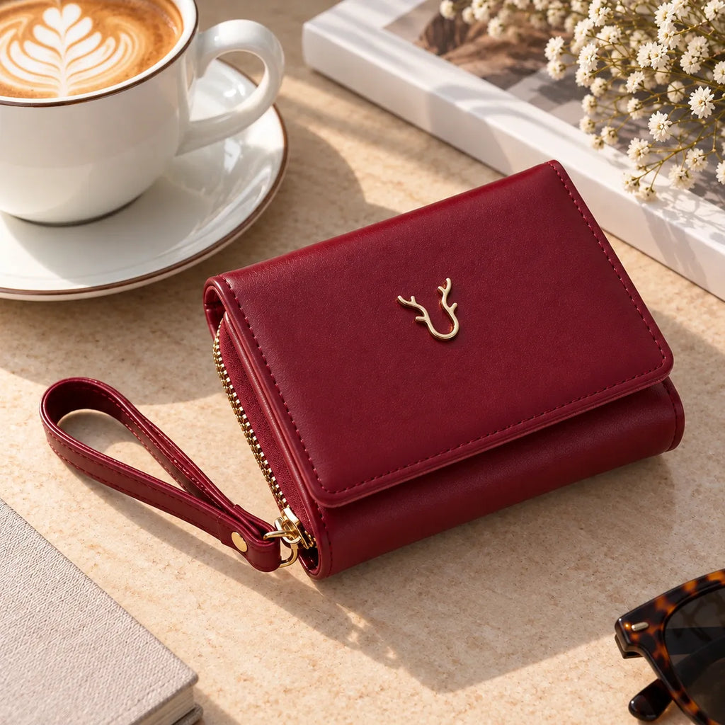 A deep red faux-leather wallet with a wrist strap and gold deer logo, styled on a beige tabletop next to a coffee cup, book, and dried flowers.