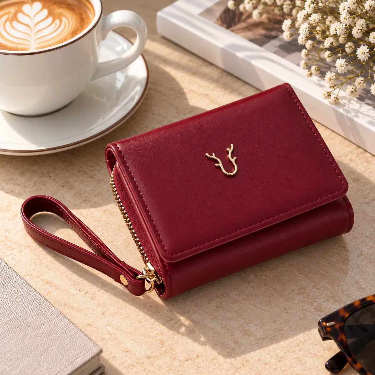 A deep red faux-leather wallet with a wrist strap and gold deer logo, styled on a beige tabletop next to a coffee cup, book, and dried flowers.