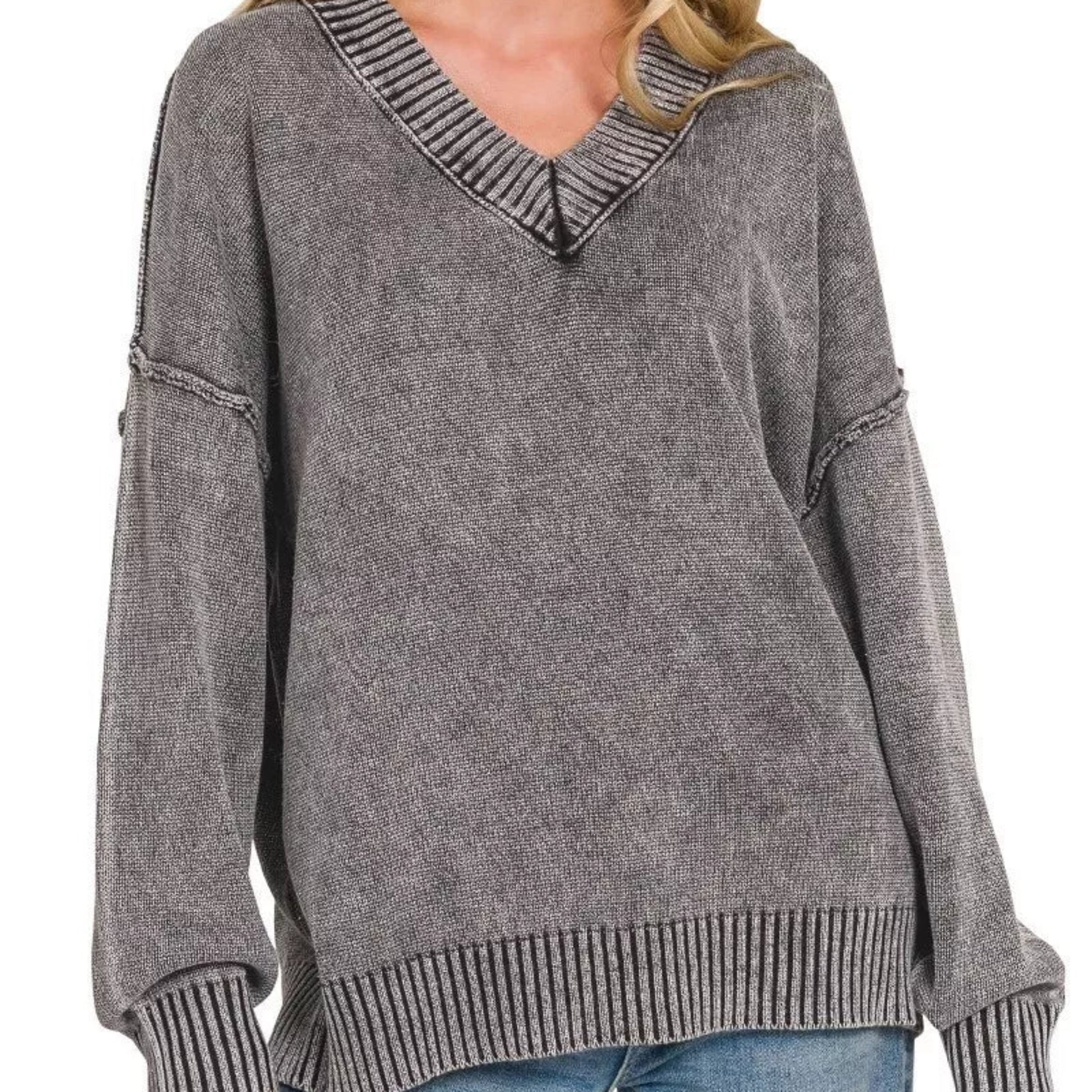 Front view of a casual vintage fit Zenana washed deep V-neck knit pullover from Solazura Boutique