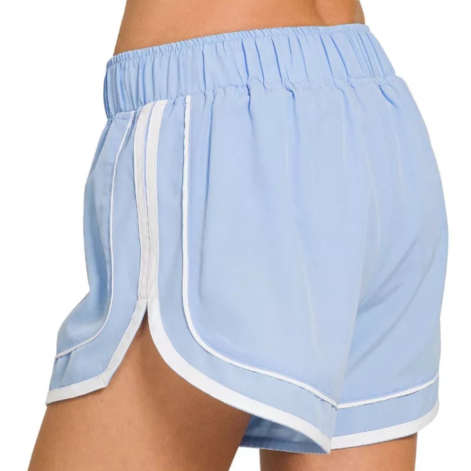 Zenana Soft Woven Lined Dolphin Shorts in Light Blue - Back View