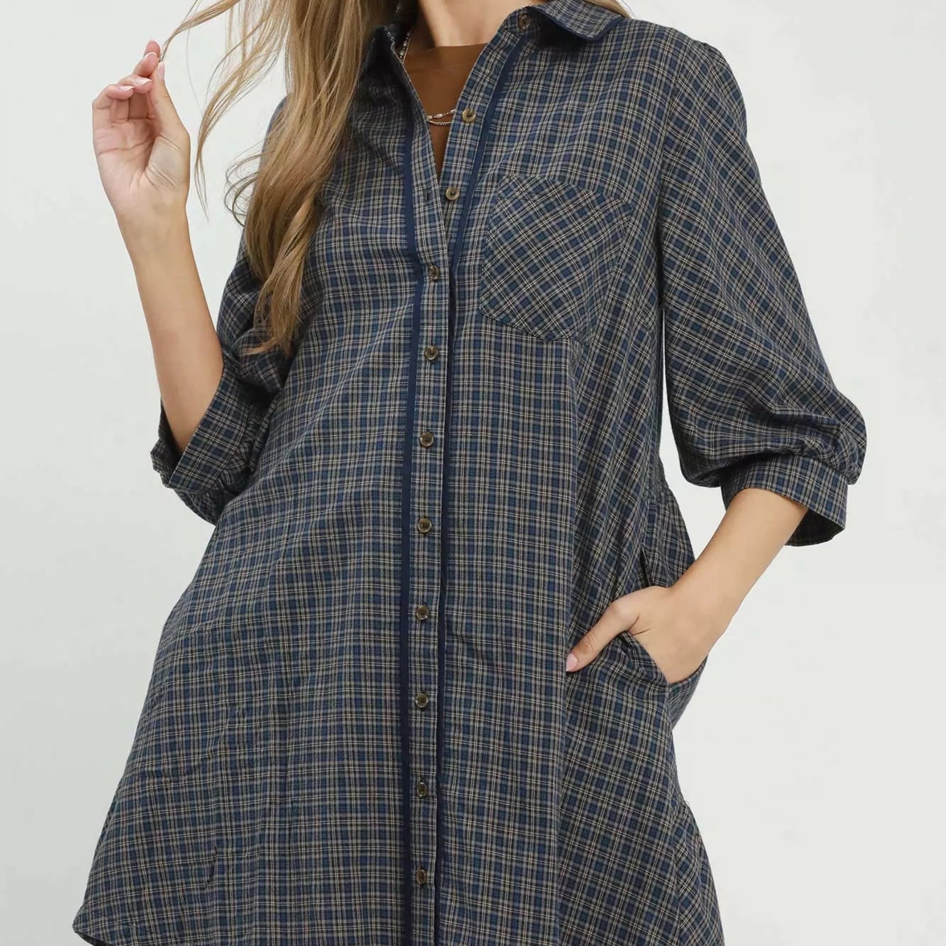 Front view of a casual navy plaid Umgee oversized shirt dress from Solazura Boutique