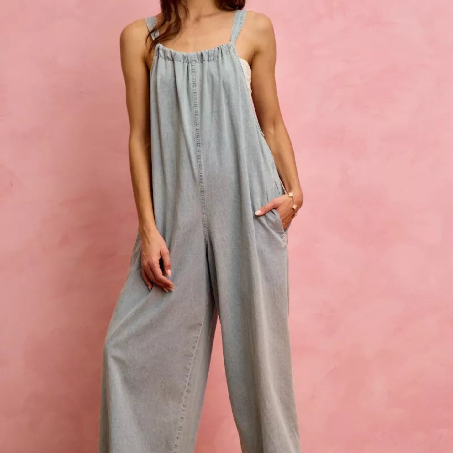 SO ME Wide Leg Lightweight Denim Overalls in Light Denim - Detail View 