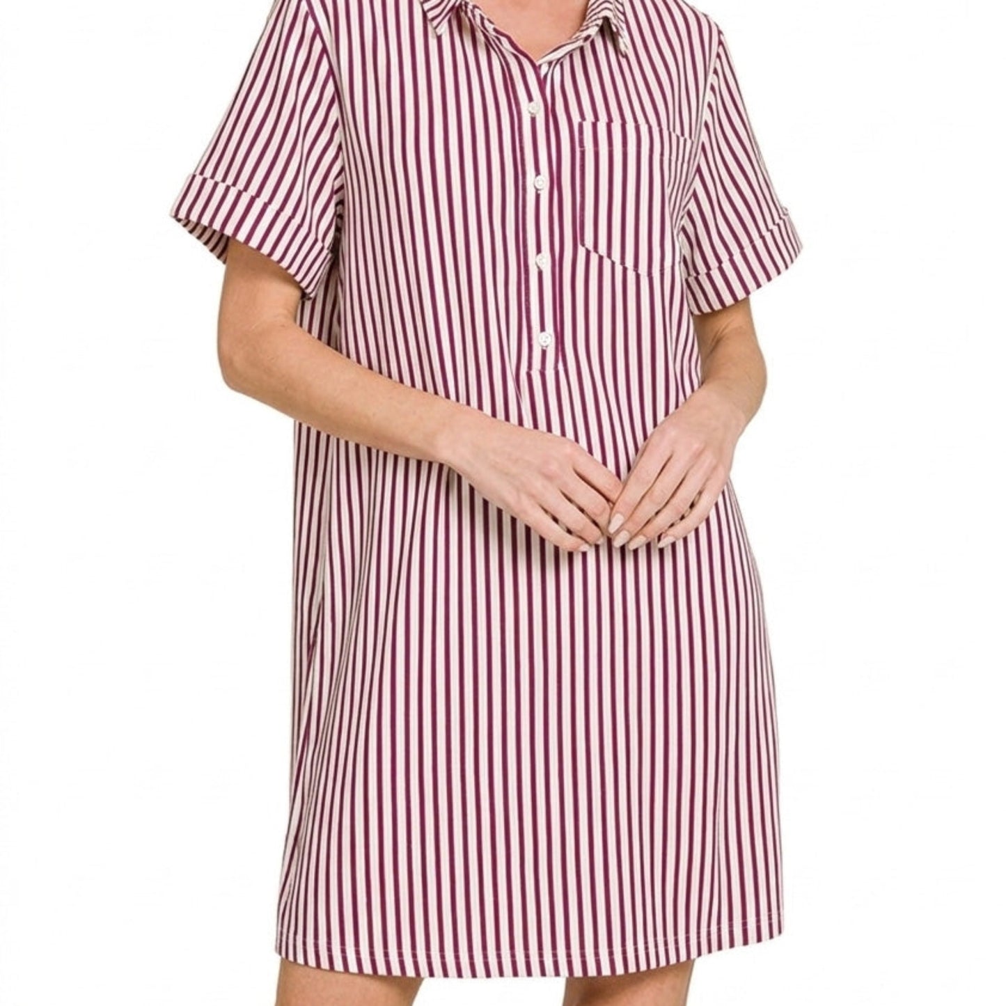 Close-up of the polished collar and half button-up detail on the cabernet striped dress.
