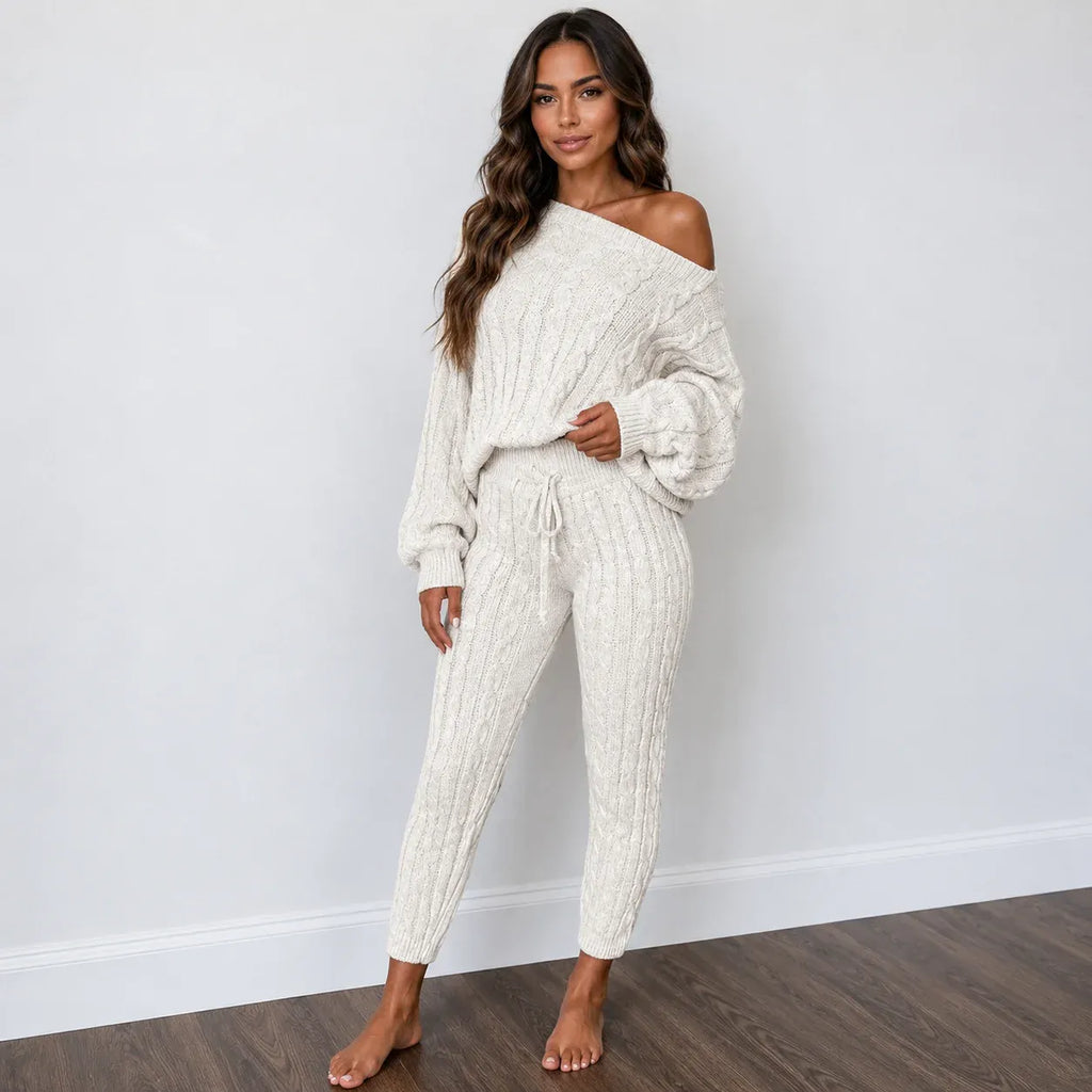 Cable knit sweater and pants set in beige