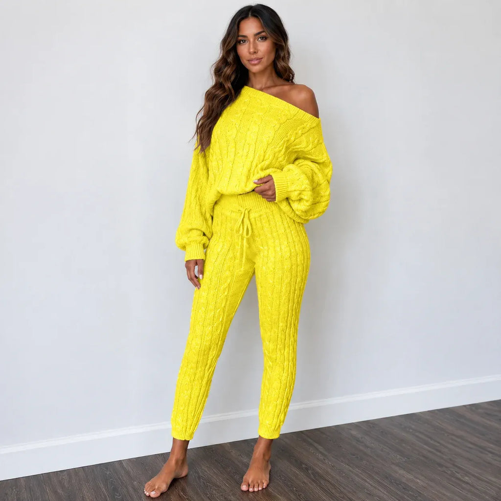 Cable knit sweater and pants set in bright yellow