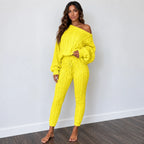 Cable knit sweater and pants set in bright yellow