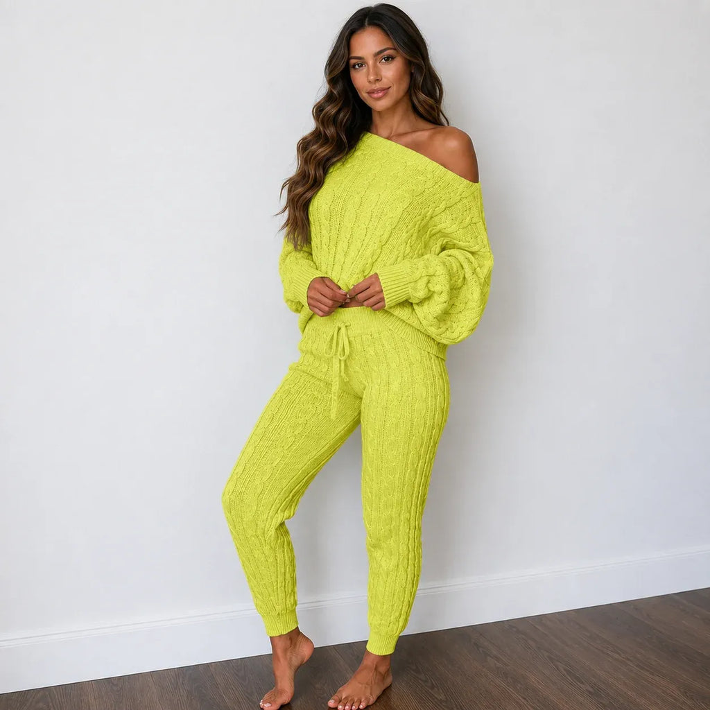 Cable knit sweater and pants set in fluorescent green