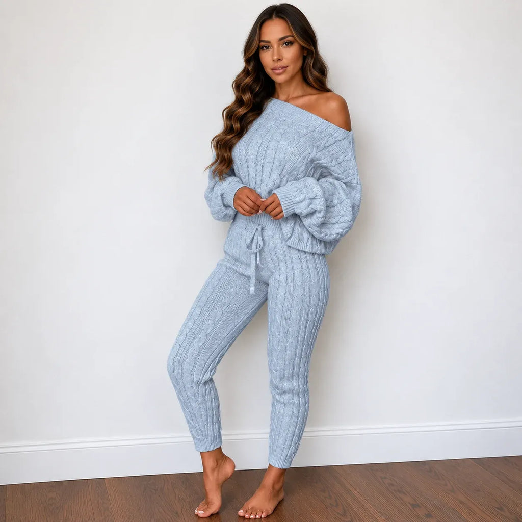 Cable knit sweater and pants set in gray