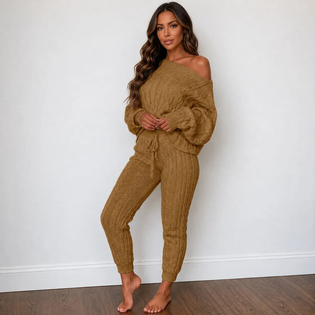 Cable knit sweater and pants set in khaki