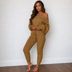 Cable knit sweater and pants set in khaki