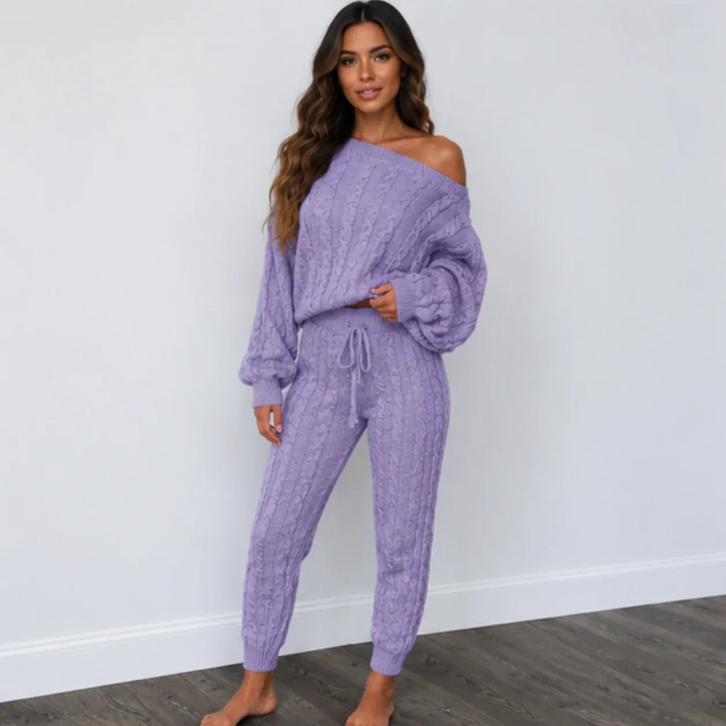 Front view of light purple cable knit sweater and pants set for women