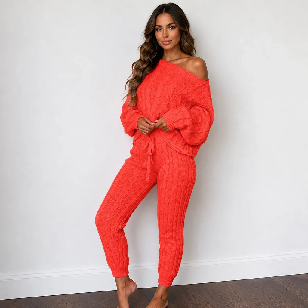Cable knit sweater and pants set in orange