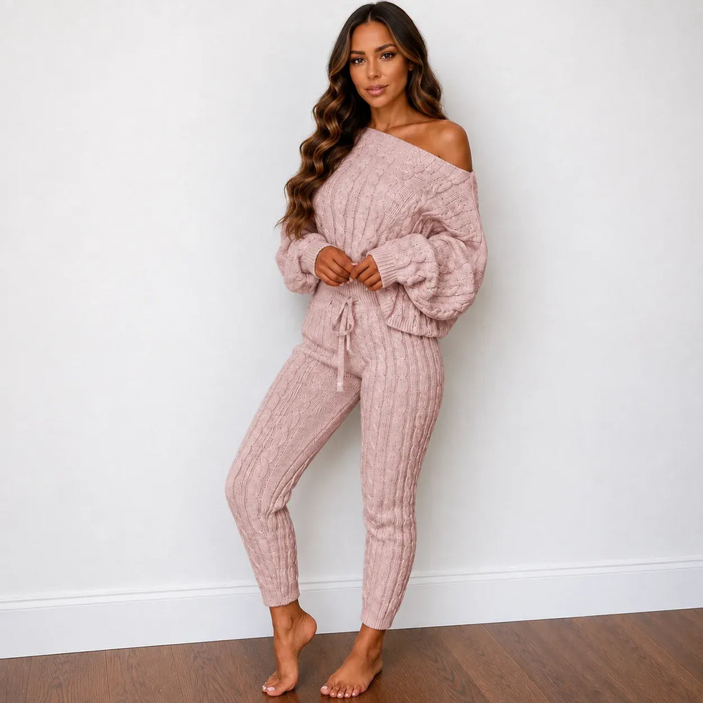 Cable knit sweater and pants set in pink