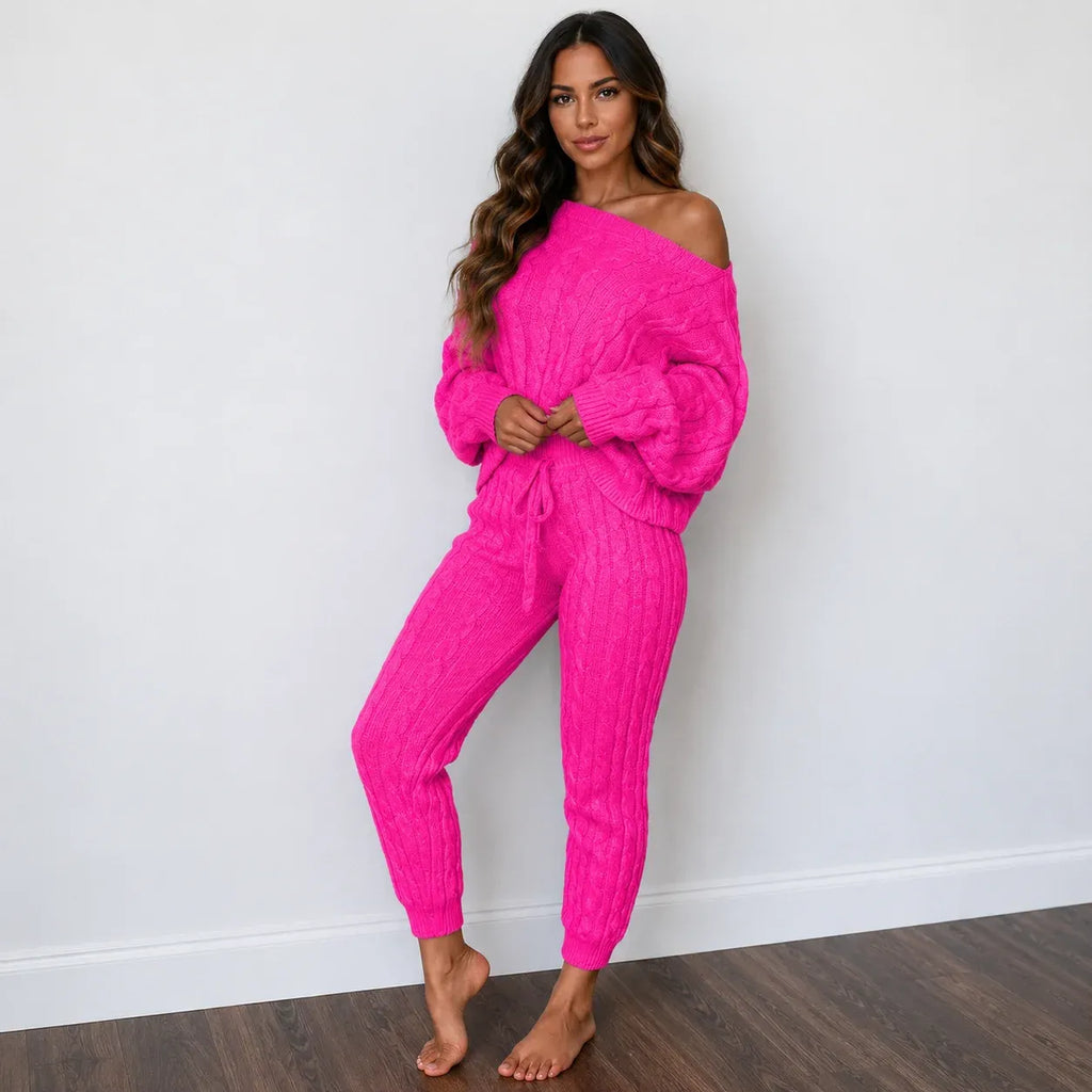 Cable knit sweater and pants set in rose red