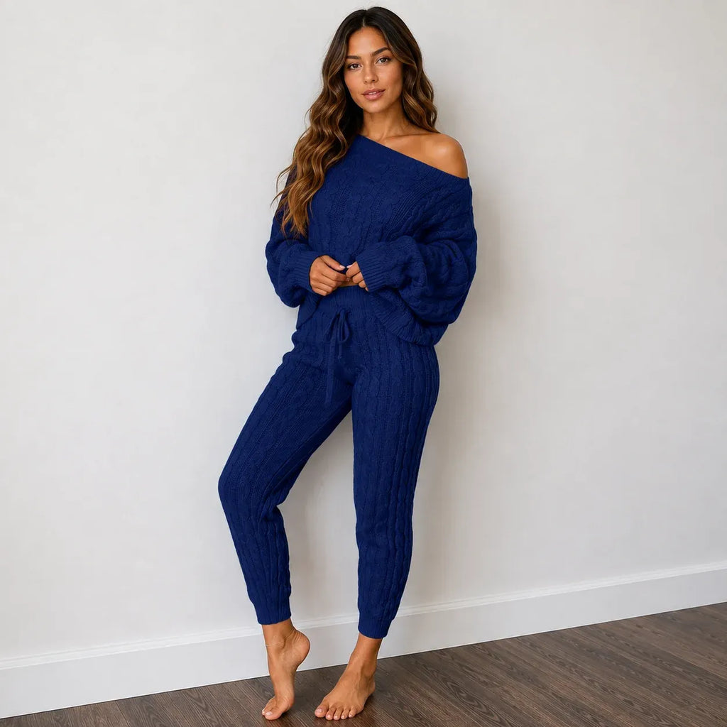 Cable knit sweater and pants set in royal blue