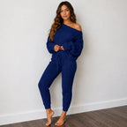 Cable knit sweater and pants set in royal blue