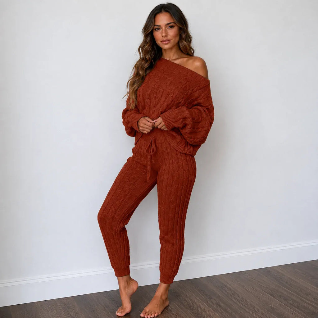 Cable knit sweater and pants set in wine red