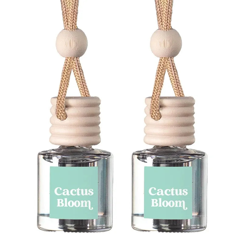 Two matching reed diffuser bottles with clear glass bodies, mint green labels reading 'Cactus Bloom,' beige wooden stoppers, and tan hanging cords on a white background.