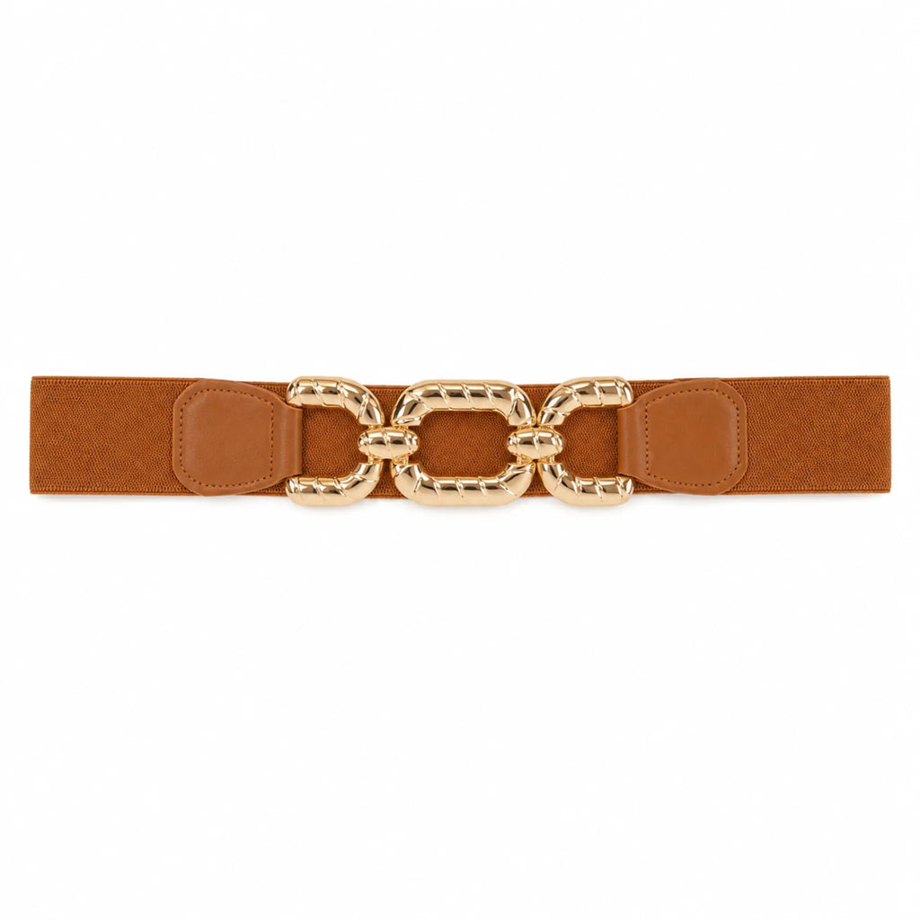 Camel elastic waist belt with a textured gold chain buckle displayed on a white background.