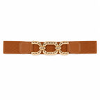 Camel elastic waist belt with a textured gold chain buckle displayed on a white background.