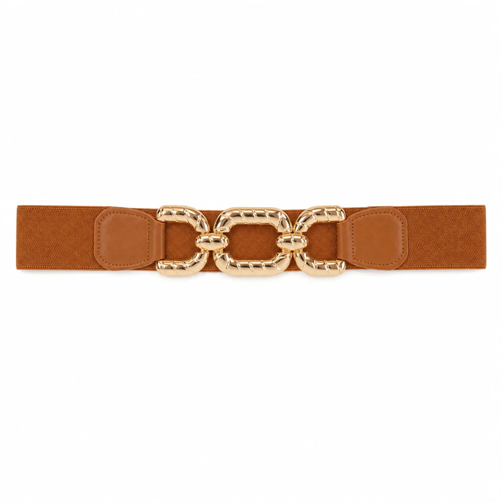 Camel elastic waist belt with a textured gold chain buckle displayed on a white background.