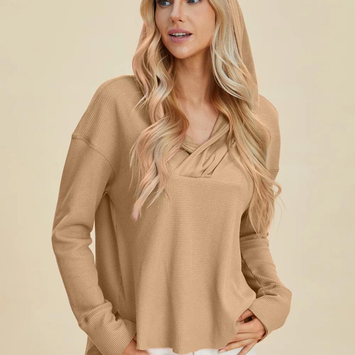 Front view of the Camel colored Double Take high-low hoodie, a sophisticated neutral for casual wear.