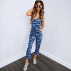 Blue camo strappy drawstring jumpsuit for women front view