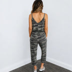 Grey camo strappy drawstring jumpsuit for women back view
