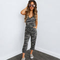 Grey camo strappy drawstring jumpsuit for women front view