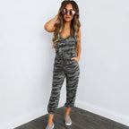 Grey camo strappy drawstring jumpsuit for women front view