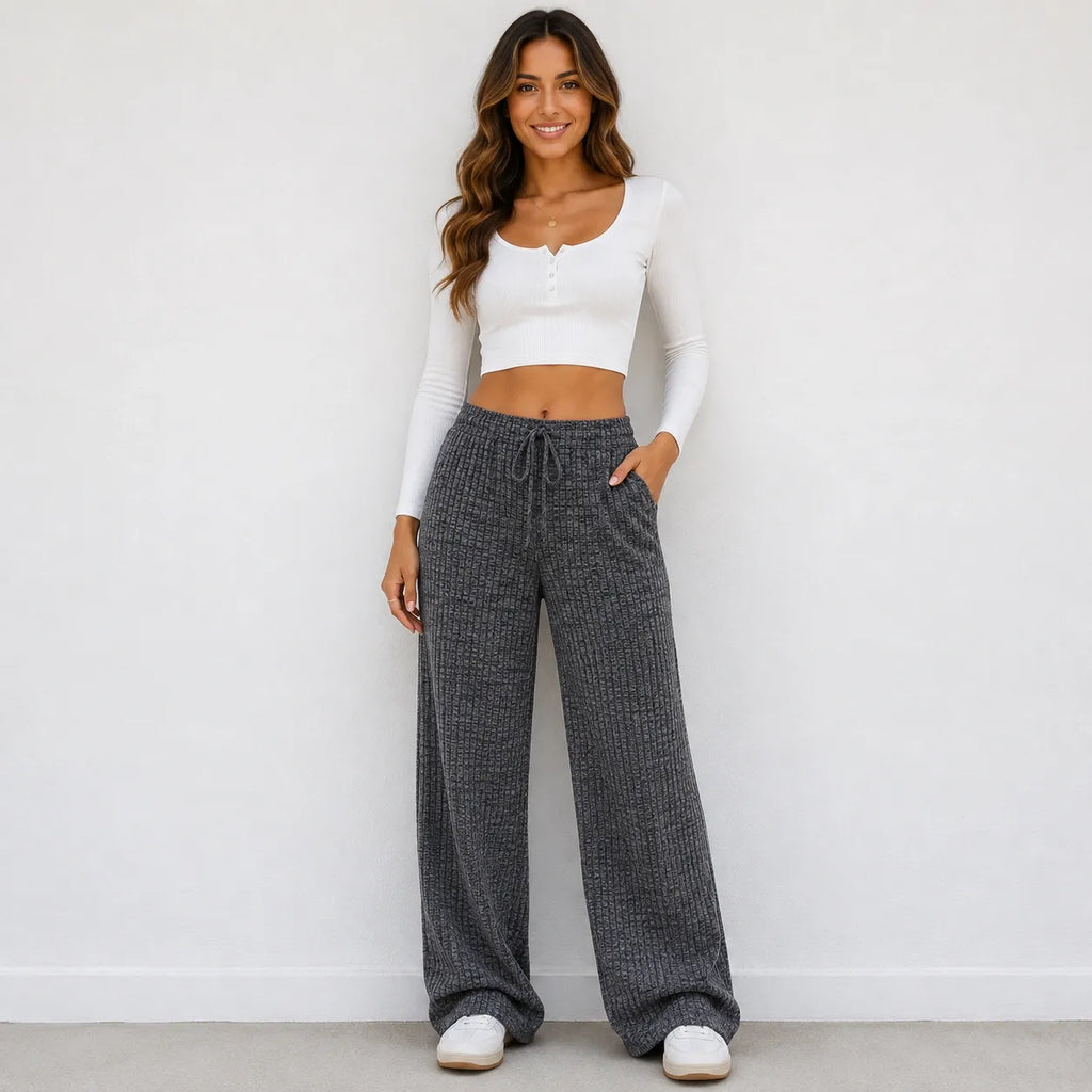 Women's casual black drawstring straight-leg pants with elastic waist and pockets