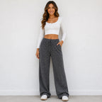 Women's casual black drawstring straight-leg pants with elastic waist and pockets