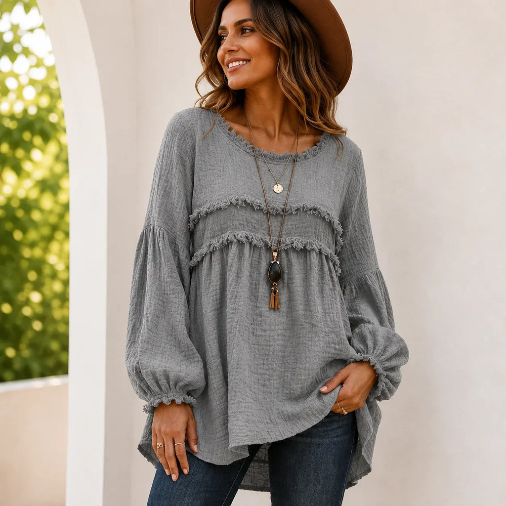 Women's gray Casual Long Sleeve Fringe Tassel Top with textured gauze fabric, fringe tassel trim, long balloon sleeves, and relaxed everyday fit.