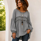 Women's gray Casual Long Sleeve Fringe Tassel Top with textured gauze fabric, fringe tassel trim, long balloon sleeves, and relaxed everyday fit.