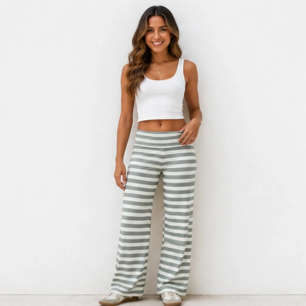 Casual light green and white striped wide-leg pants shown from the front