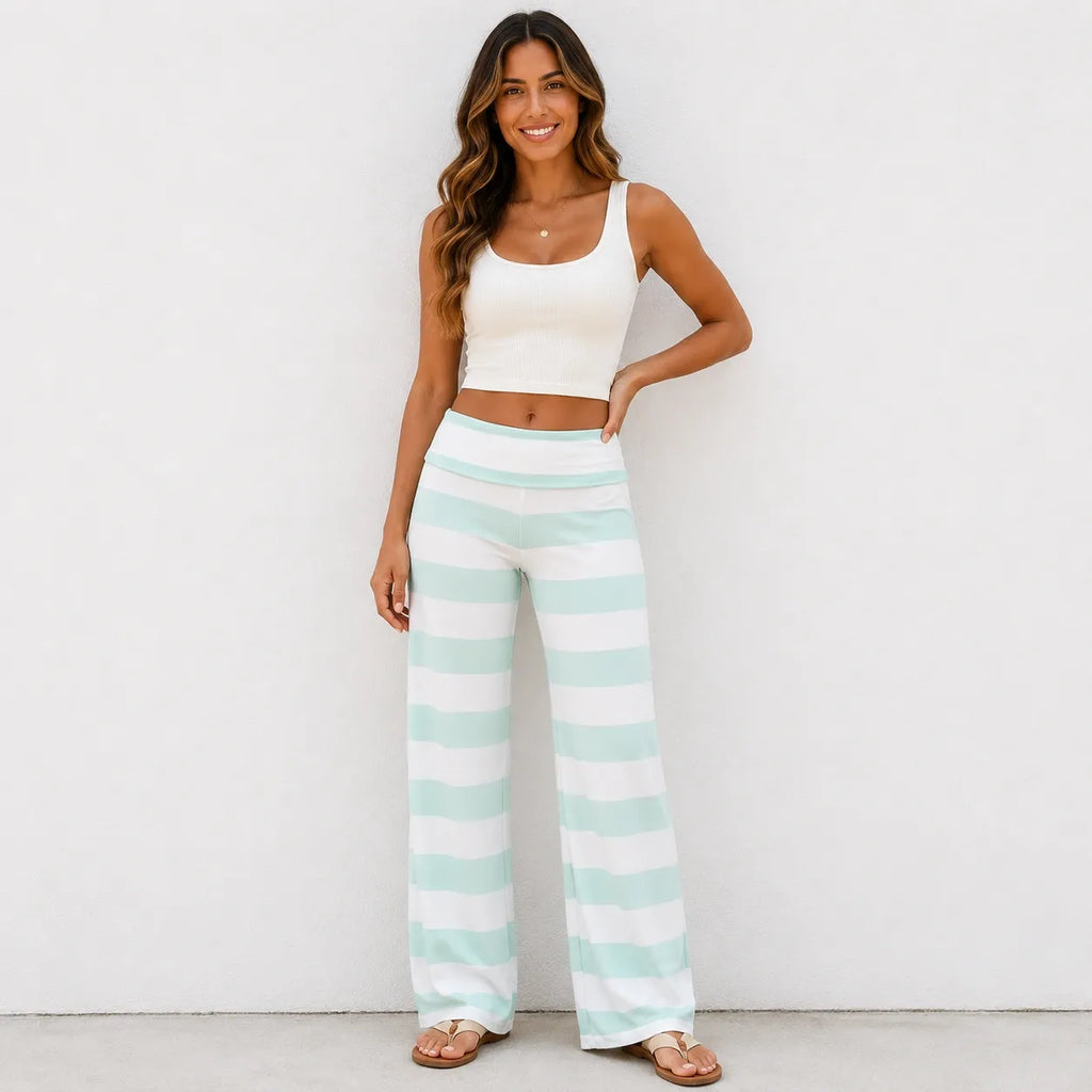 Model wearing mint green and white striped casual wide-leg pants
