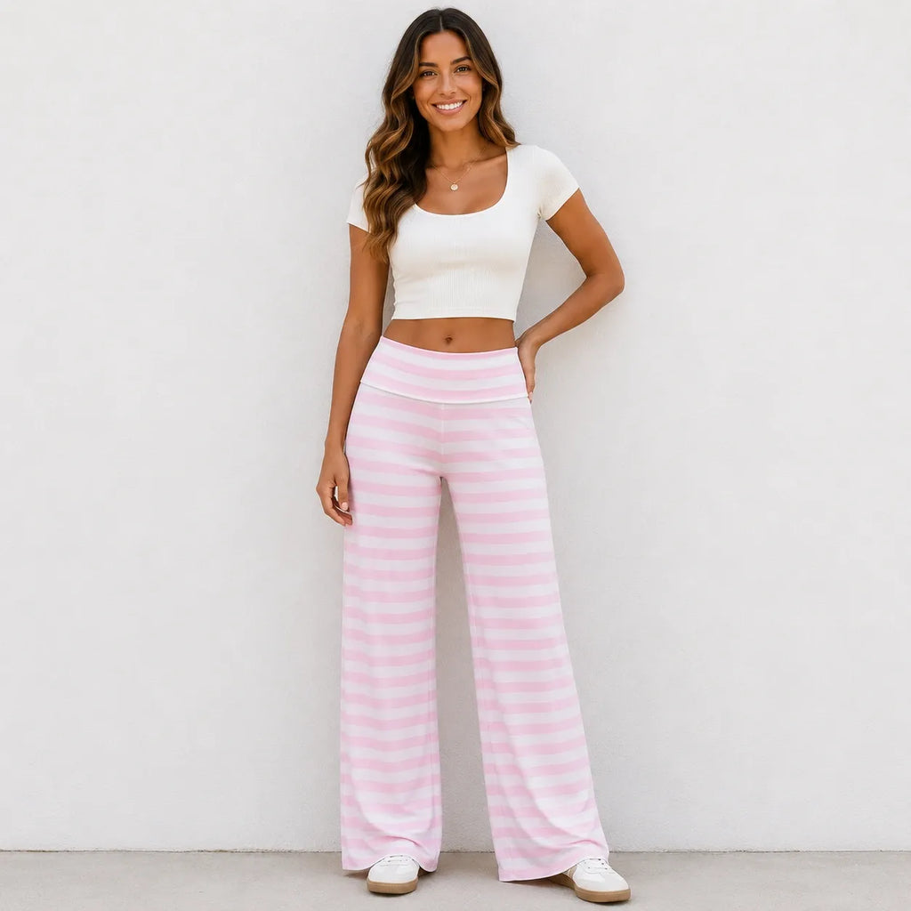 Model wearing pink and white striped casual wide-leg pants