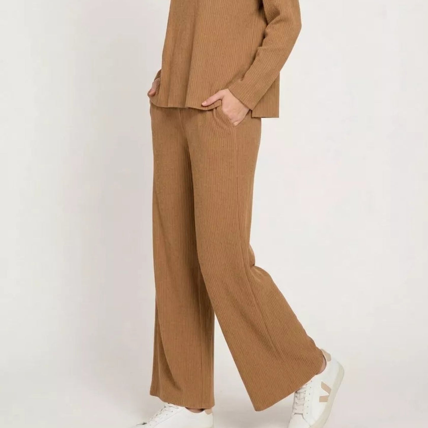 Front view of a cozy deep camel Zenana viscose matching knit sweater and pants set from Solazura Boutique