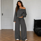 Charcoal women's two-piece wide-leg pants set with off-shoulder long sleeve top