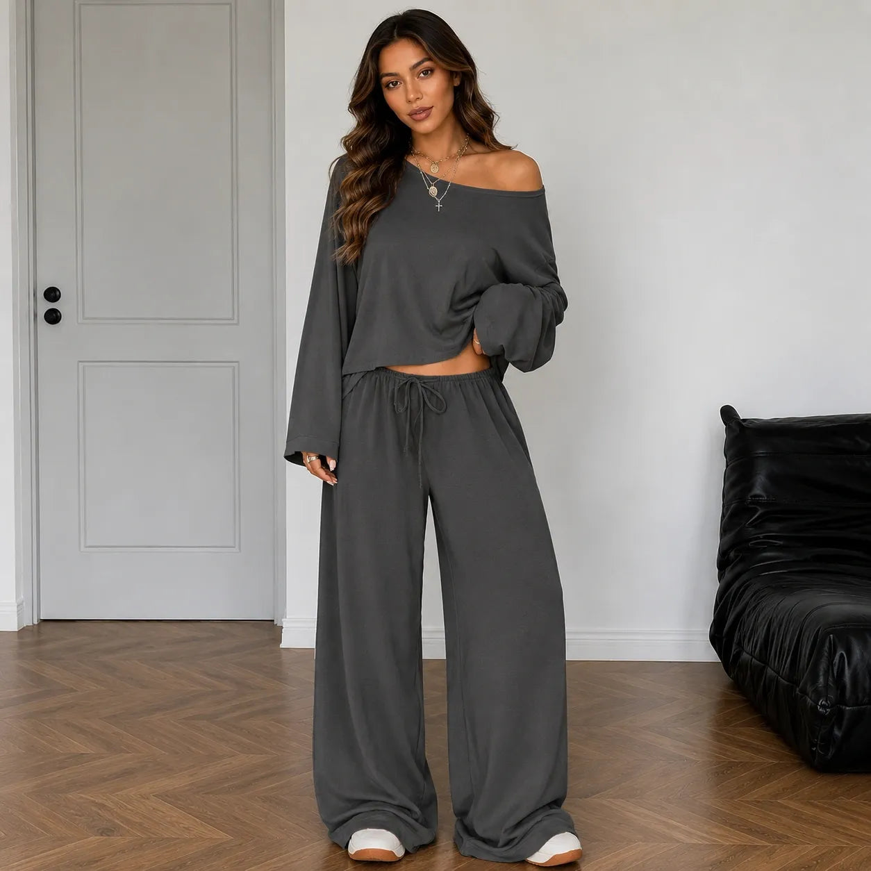 Charcoal women's two-piece wide-leg pants set with off-shoulder long sleeve top
