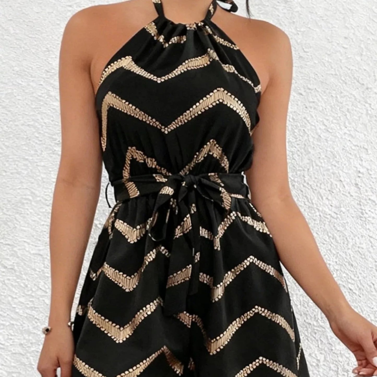 Chevron Halter Neck Romper - Black-Trendsi - Solazura Boutique