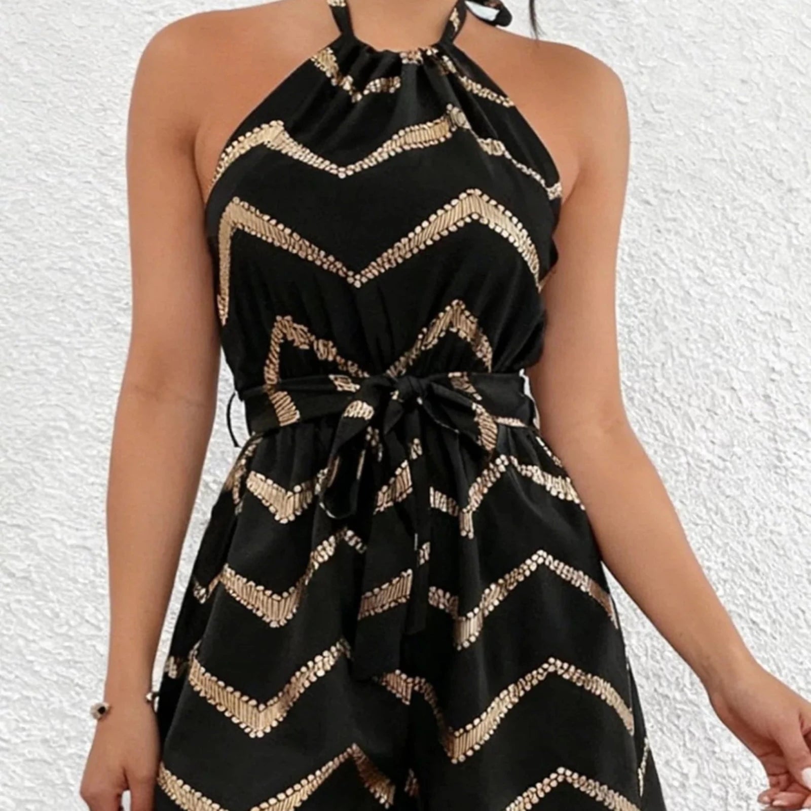 Chevron Halter Neck Romper - Black-Trendsi - Solazura Boutique