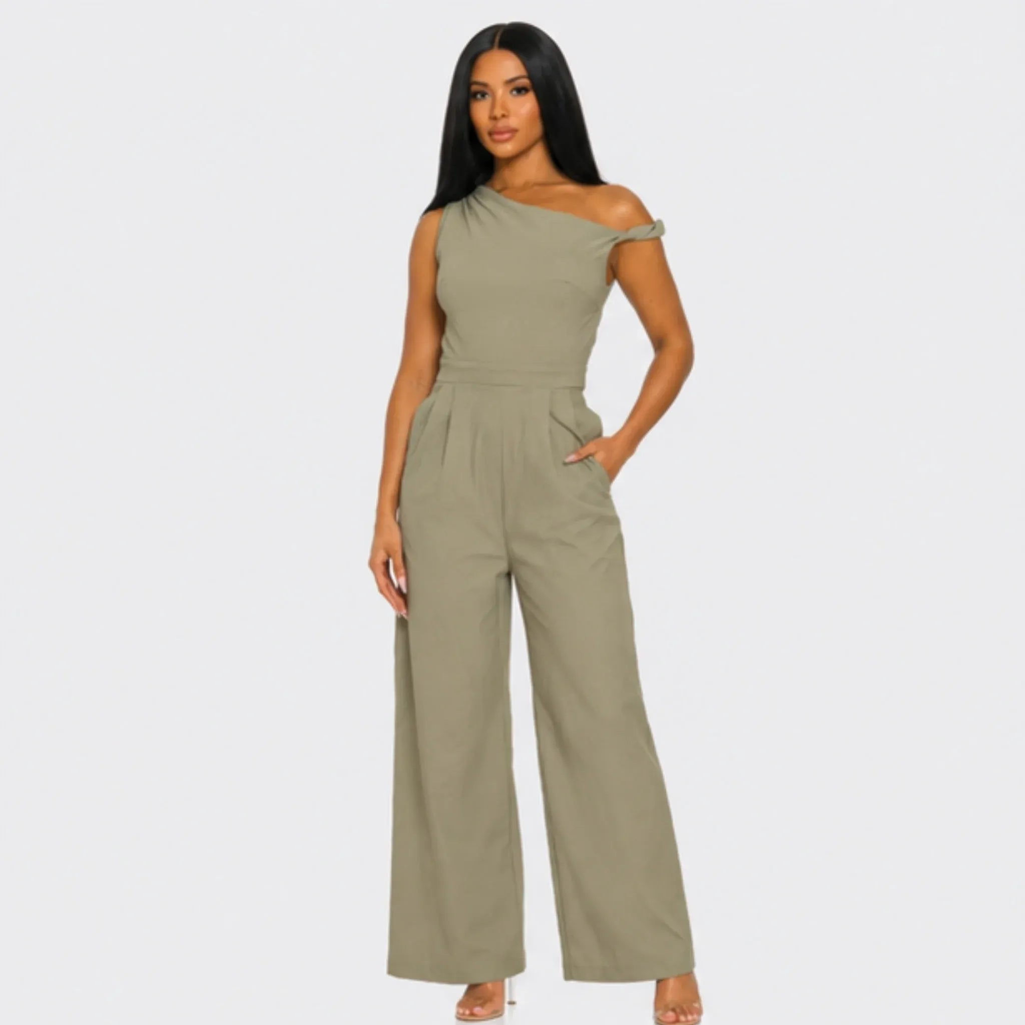 Chic Poise One-Shoulder Jumpsuit in khaki featuring an asymmetrical neckline, tailored waist, wide-leg silhouette, and side pockets, front view.