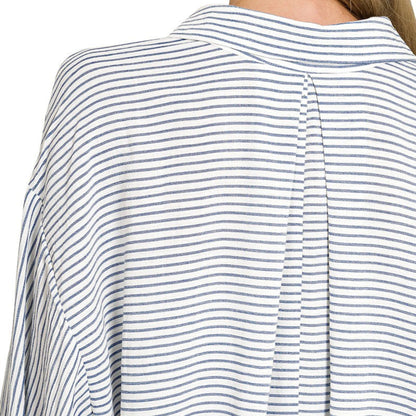 Rear view of the striped woven shirt highlighting the clean lines and comfortable drape.