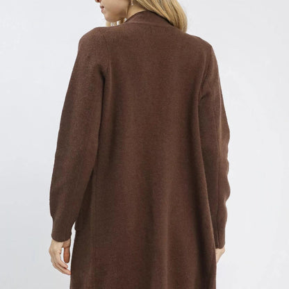 Back view of a classic brown knit longline cardigan showing the clean silhouette and high-quality fabric drape.