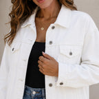 Close-up of the white Classic Button Front Oversized Denim Jacket highlighting the button-front closure, lapel collar, chest flap pockets, and premium denim texture.